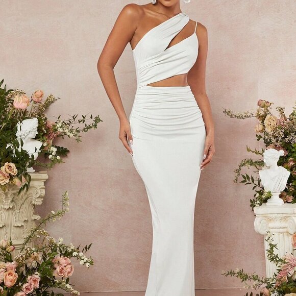 White Elegant Women's One Shoulder Cut Out Ruched Dress - Picture 1 of 5